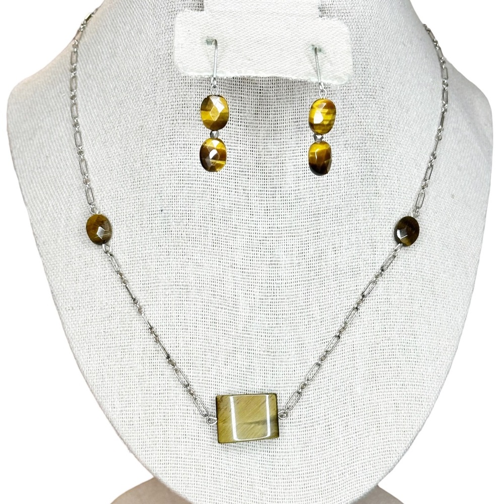 Tigers Eye Stone Sterling Silver 925 Necklace & Earring Matching Set